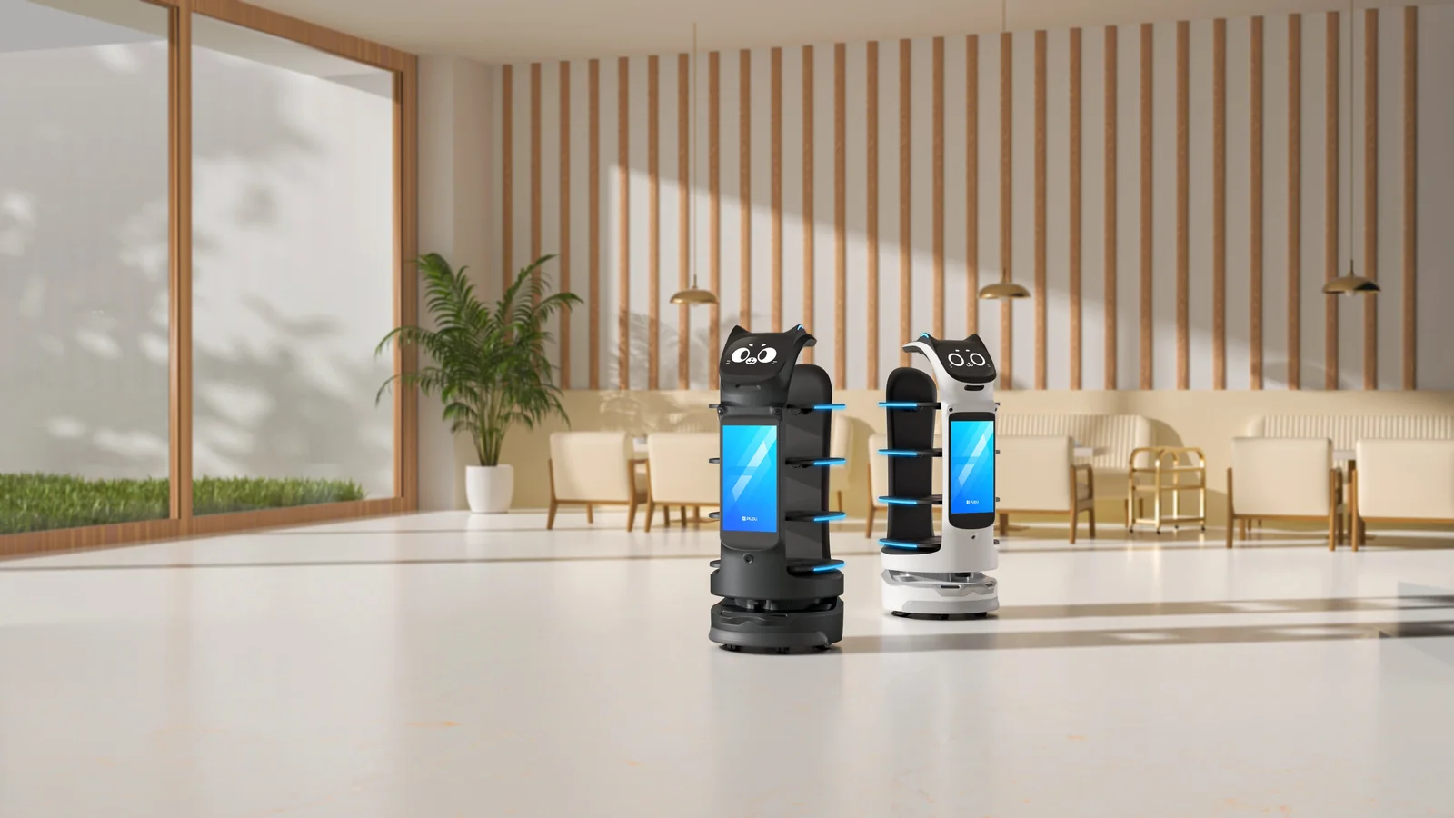 Black and white PUDU BellaBot Pro robots in a bright hospitality lobby