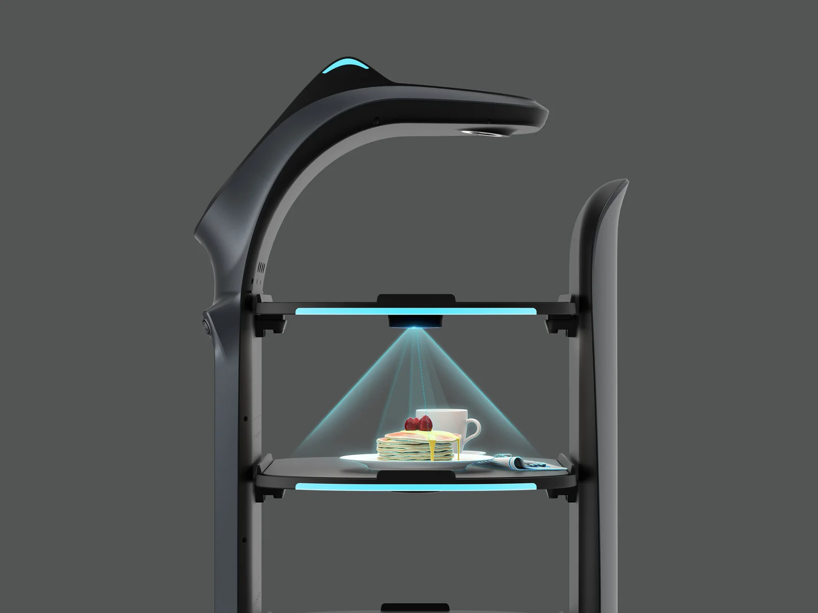 PUDU BellaBot Pro tray scanning a plated dish with overhead detection