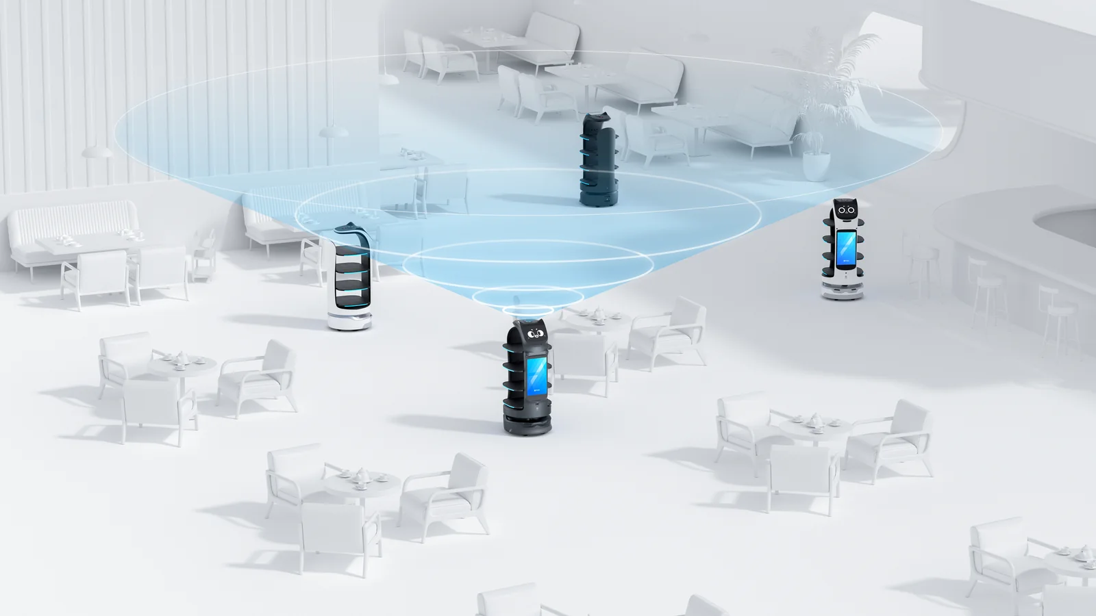 PUDU BellaBot Pro robots mapping a large venue with VSLAM positioning