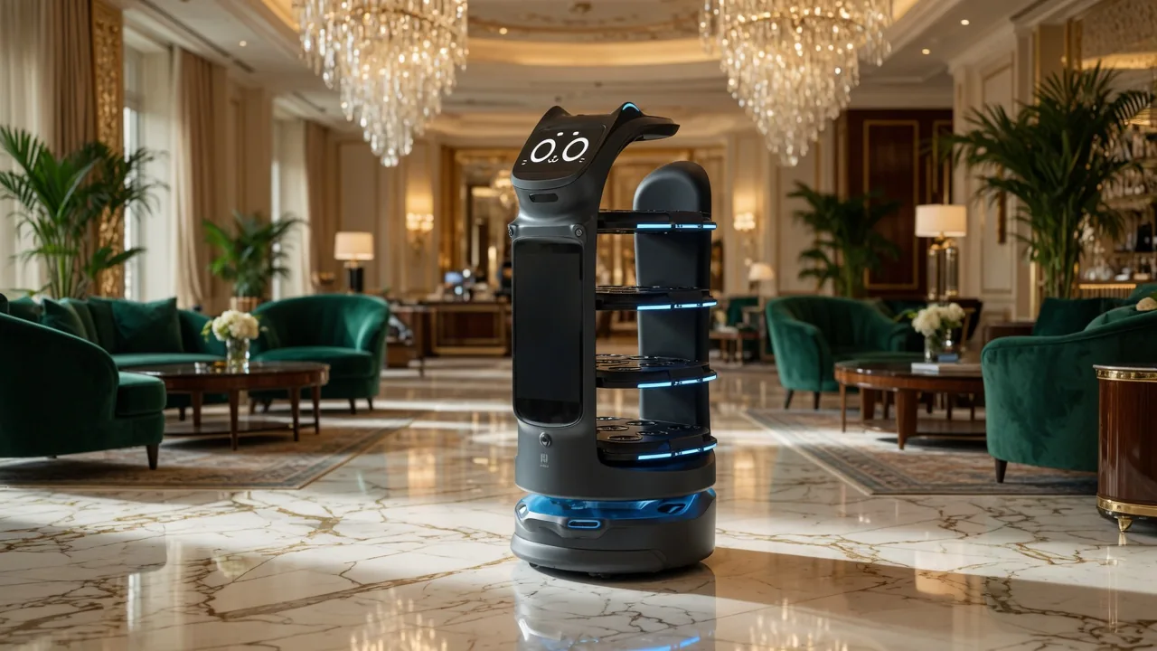 PUDU BellaBot Pro delivery robot in a hotel lobby