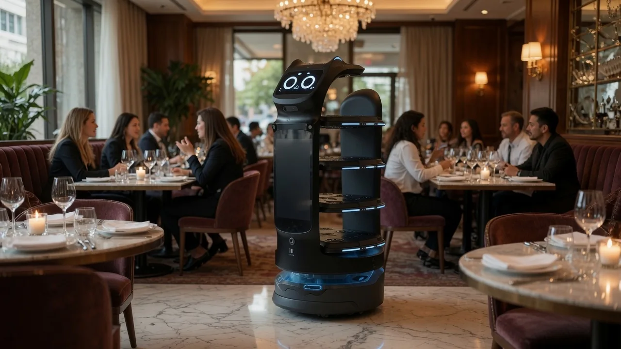 PUDU BellaBot Pro delivery robot in a fine dining restaurant