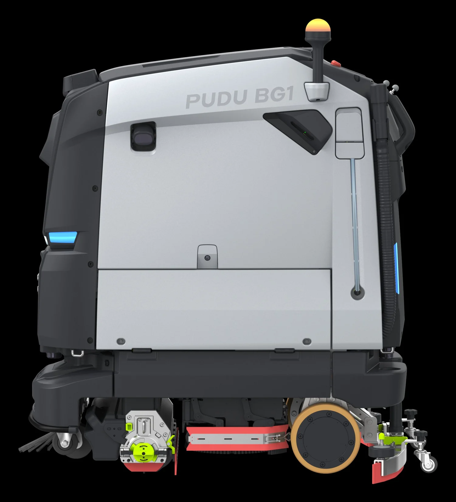 PUDU BG1 side profile showing front sweeping brush and rear scrubbing deck