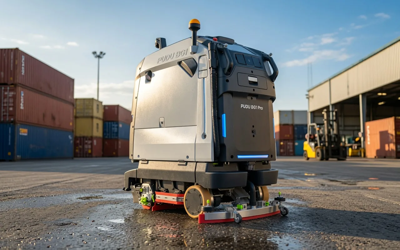 PUDU BG1 Pro scrubber dryer in a logistics yard
