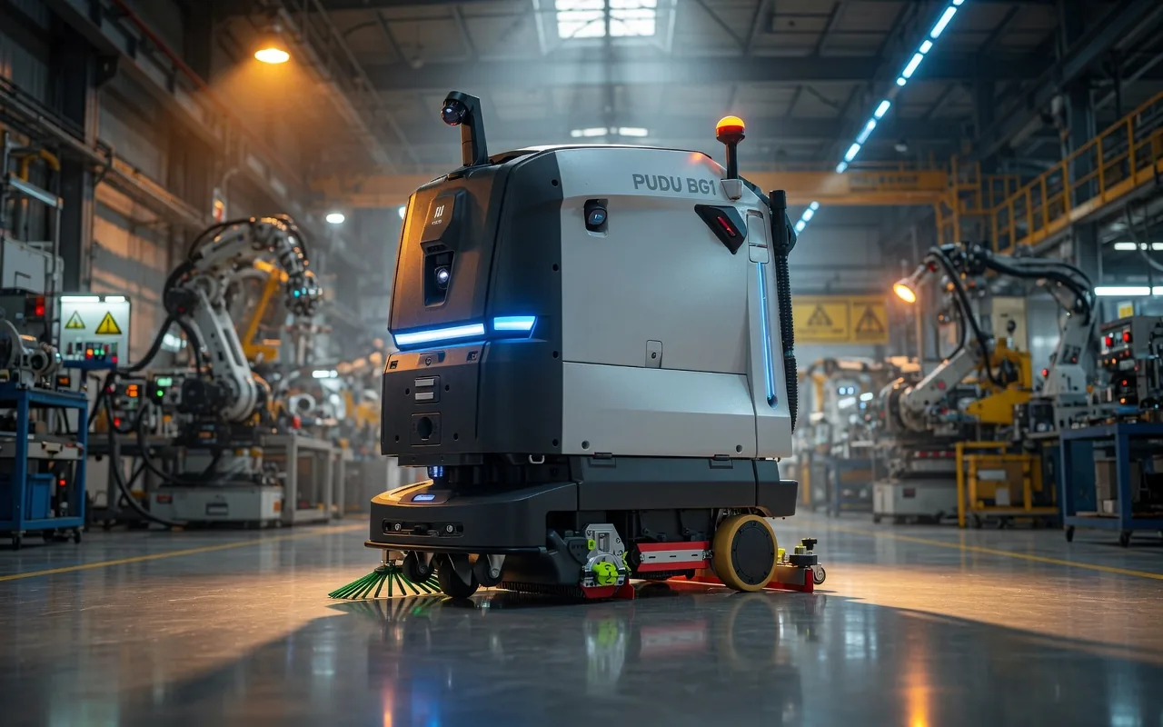 PUDU BG1 Pro scrubber dryer on a manufacturing floor