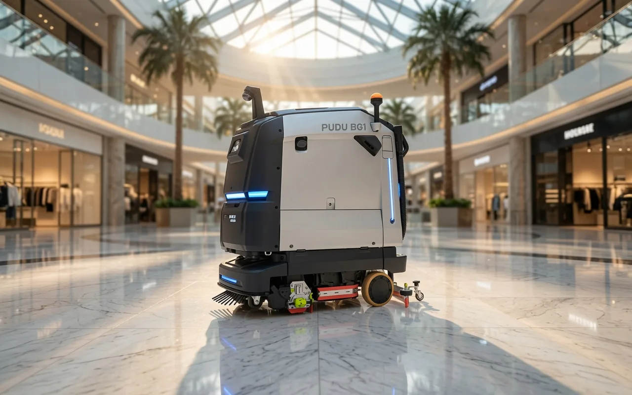 PUDU BG1 Pro scrubber dryer in a shopping mall