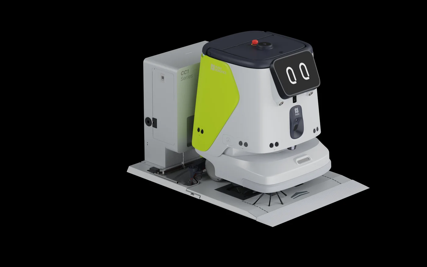 PUDU CC1 Pro docked at its self-cleaning station