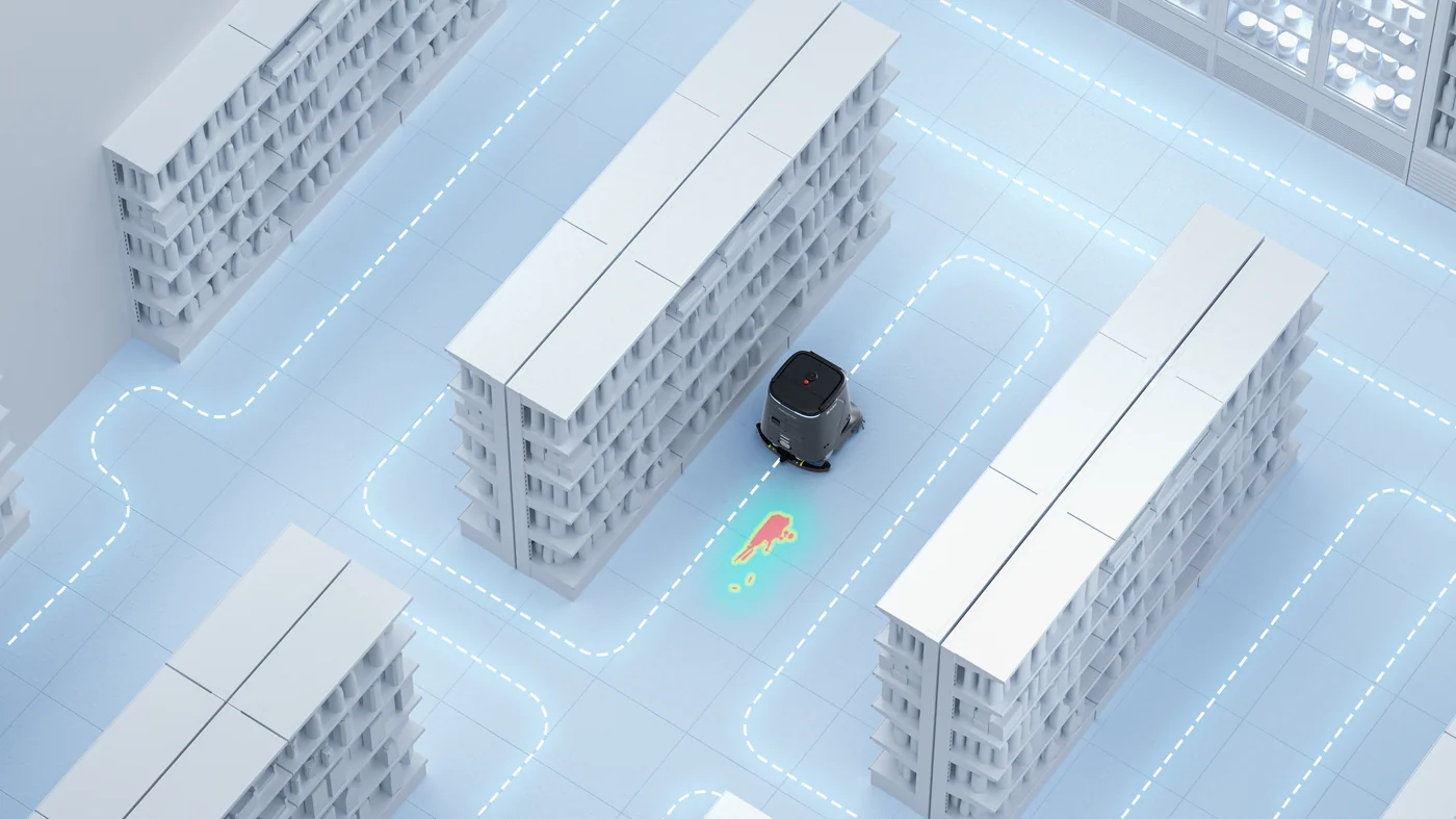 PUDU CC1 Pro AI cleaning performance detection system in a corporate office building