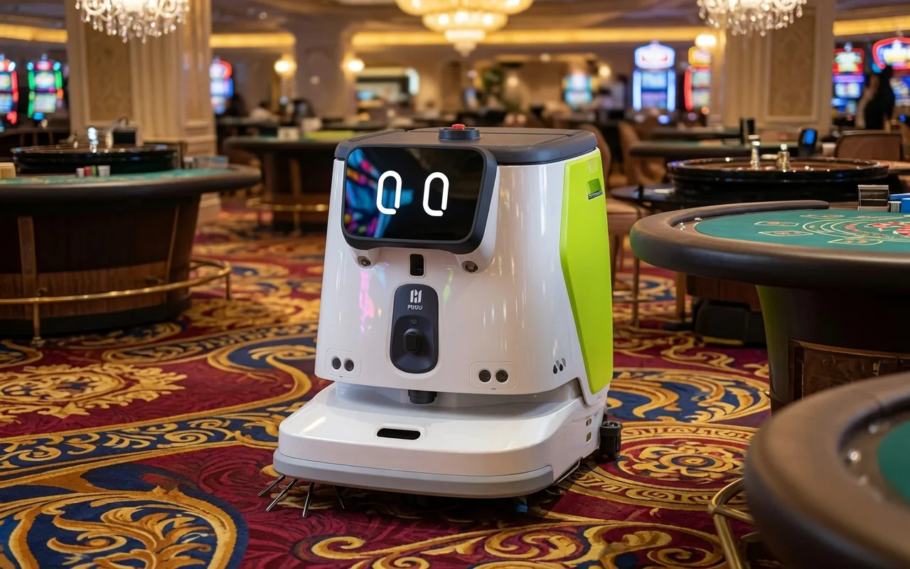 Tovrana CC1 Pro cleaning robot on a casino gaming floor