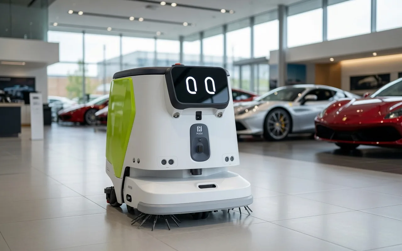 Tovrana CC1 Pro cleaning robot in a car dealership showroom