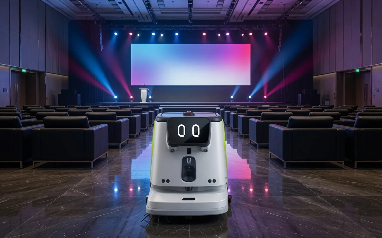 Tovrana CC1 Pro cleaning robot in an event venue auditorium