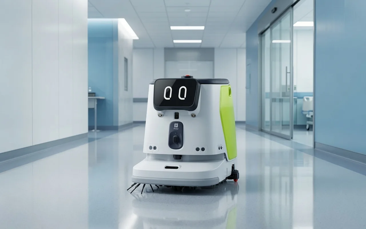 Tovrana CC1 Pro cleaning robot in a hospital corridor
