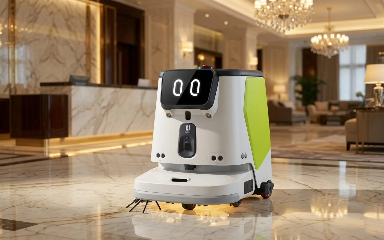 Tovrana CC1 Pro cleaning robot in a luxury hotel lobby