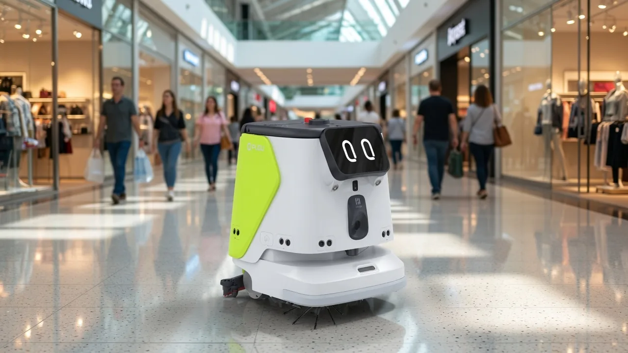 PUDU CC1 Pro cleaning robot working in a busy shopping mall
