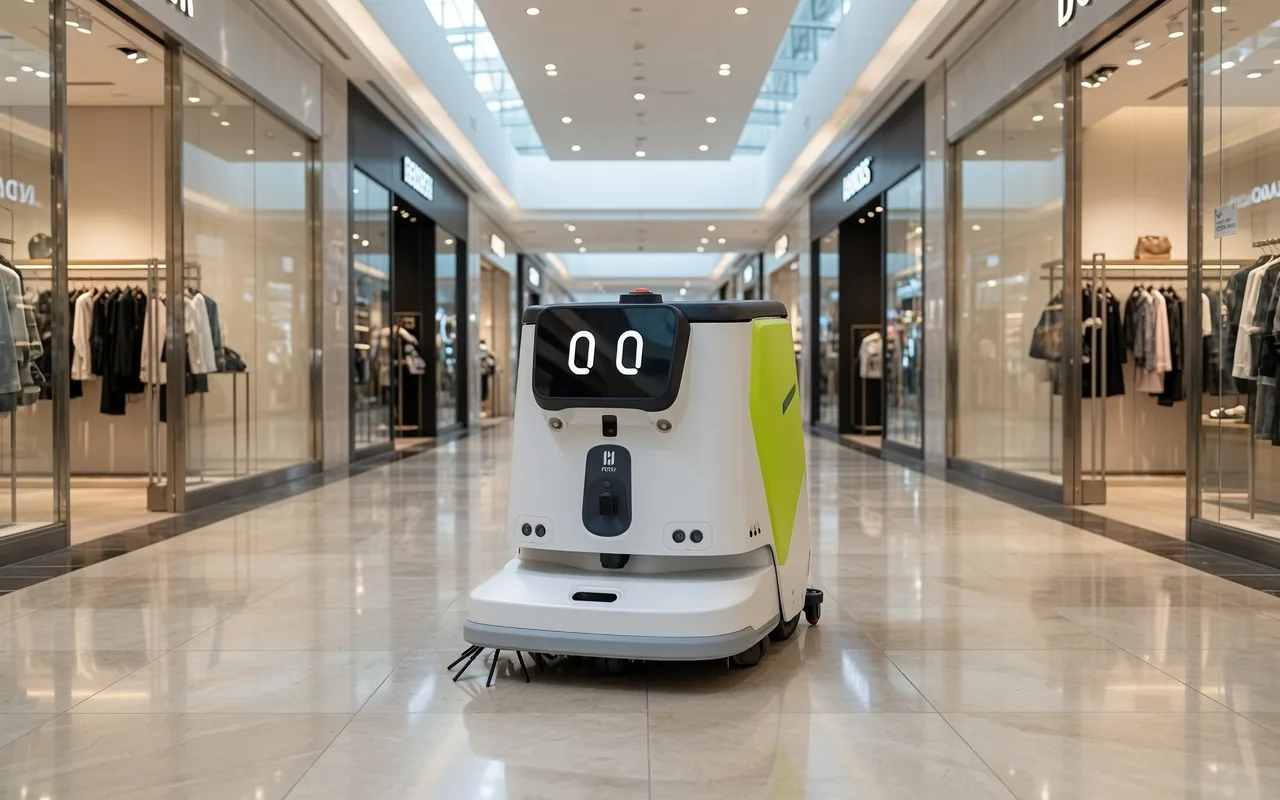 Tovrana CC1 Pro cleaning robot in a shopping mall concourse