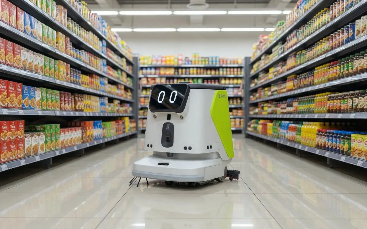 Tovrana CC1 Pro cleaning robot in a supermarket aisle