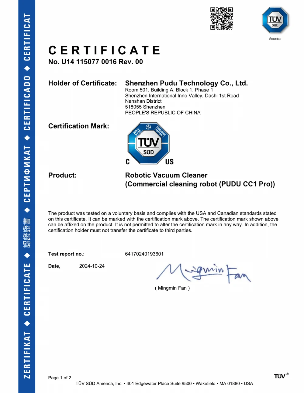 TUV SUD certificate for the PUDU CC1 Pro commercial cleaning robot, certified to US and Canadian standards