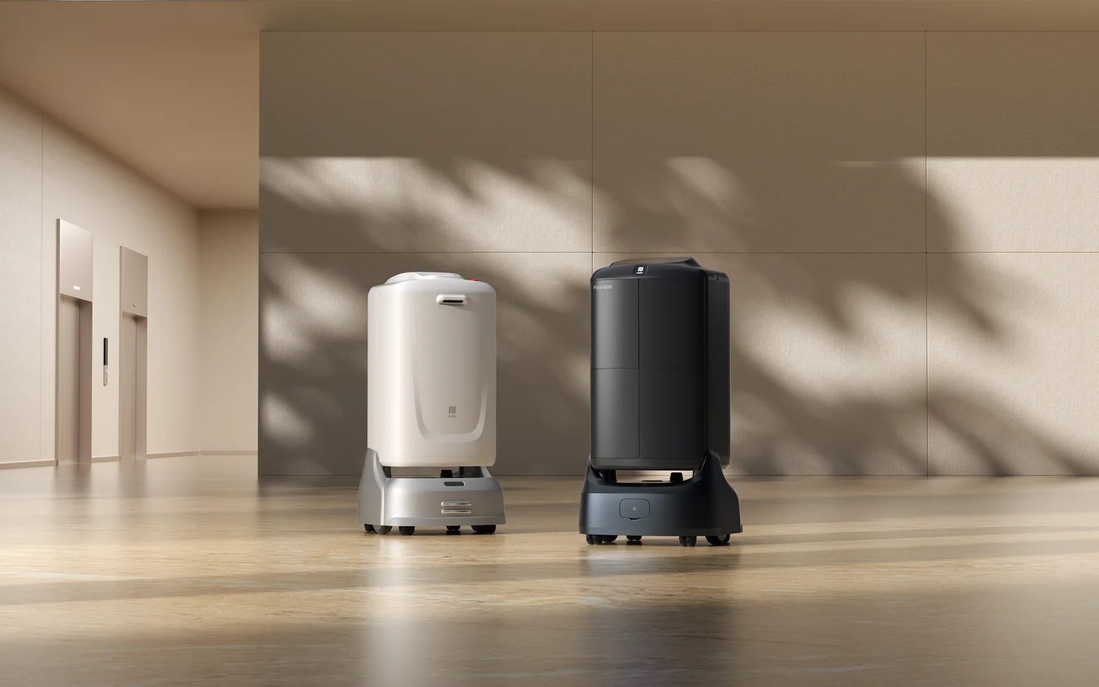 White and black PUDU FlashBot Max robots in a warm building lobby near elevators