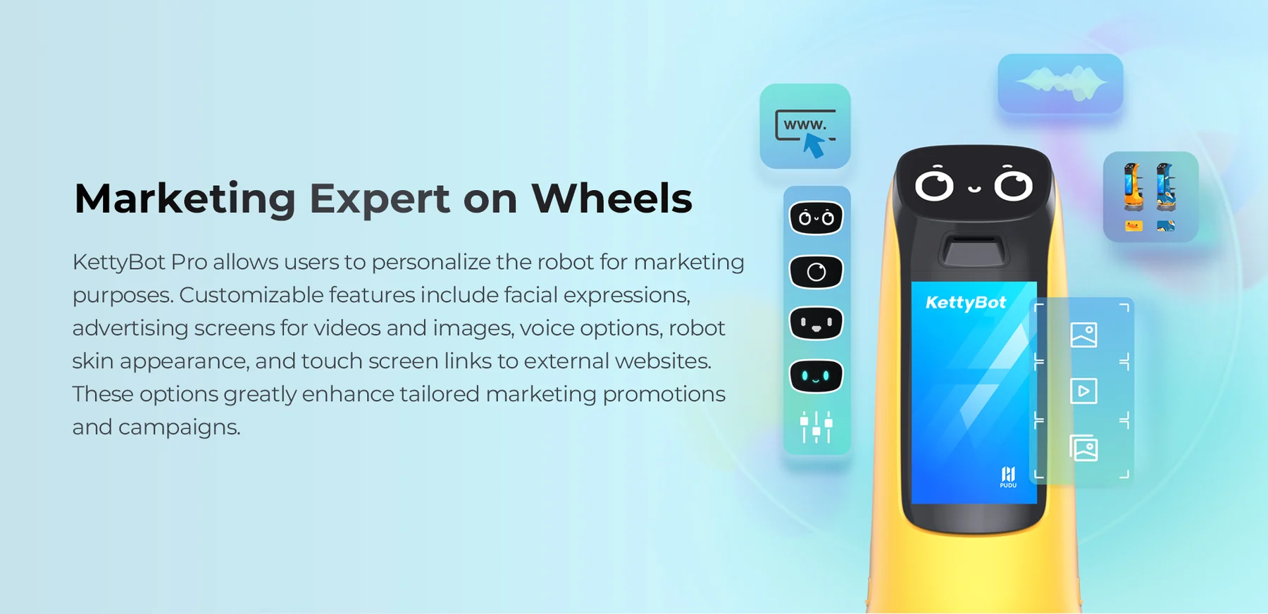 KettyBot Pro customizable marketing features including faces, voice, and advertising screens