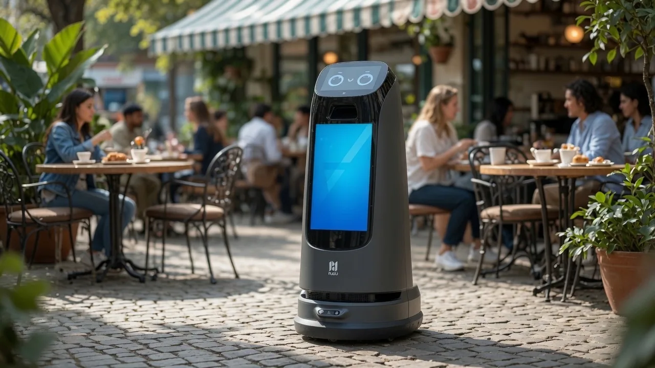 PUDU KettyBot Pro navigating between tables on an outdoor cafe patio