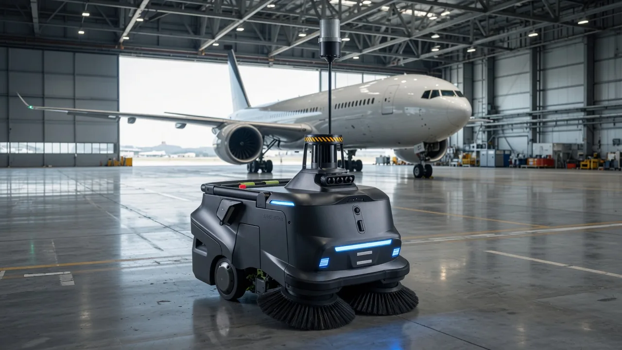 Tovrana MT1 Max floor cleaning robot in an aircraft hangar