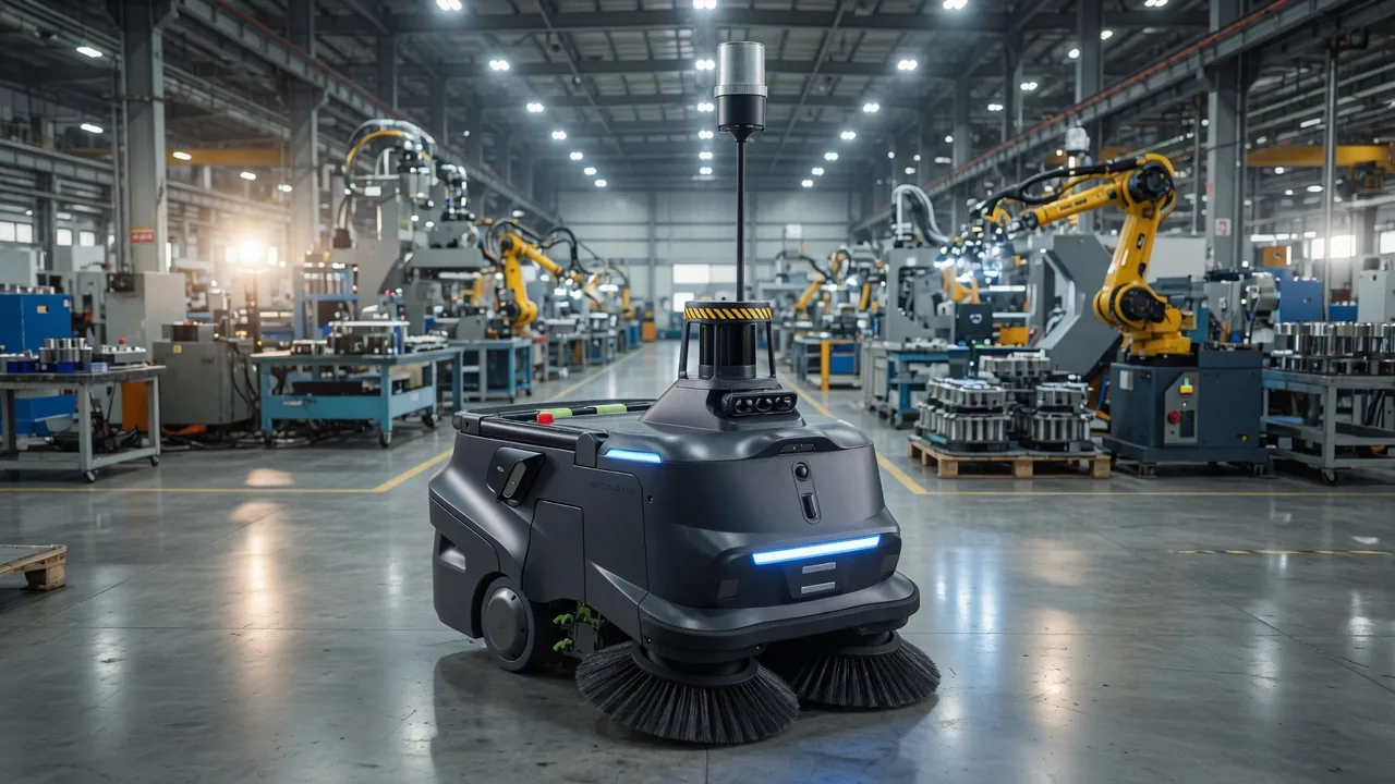 Tovrana MT1 Max floor cleaning robot on a factory floor