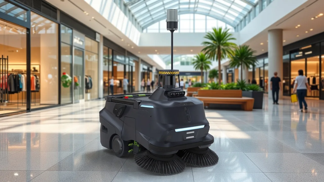 Tovrana MT1 Max floor cleaning robot in a shopping mall plaza