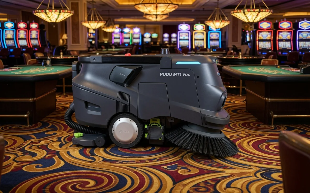 Tovrana MT1 Vac vacuum sweeping robot on a casino gaming floor