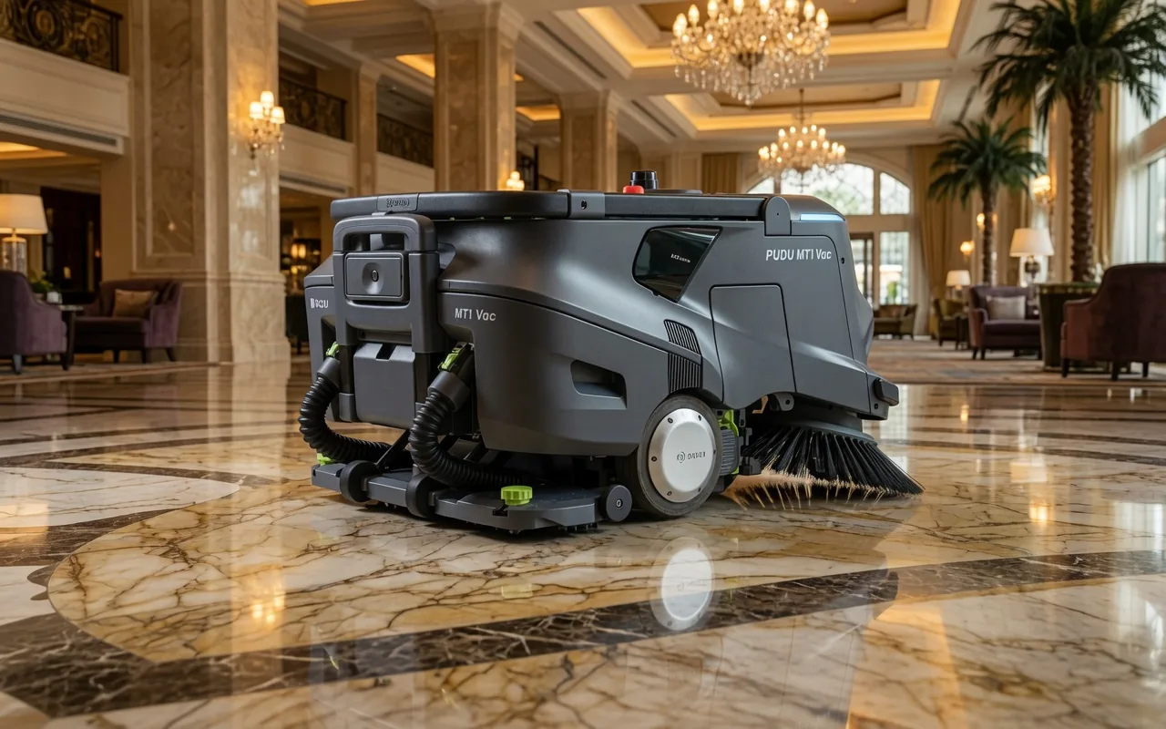 Tovrana MT1 Vac vacuum sweeping robot in a luxury hotel lobby