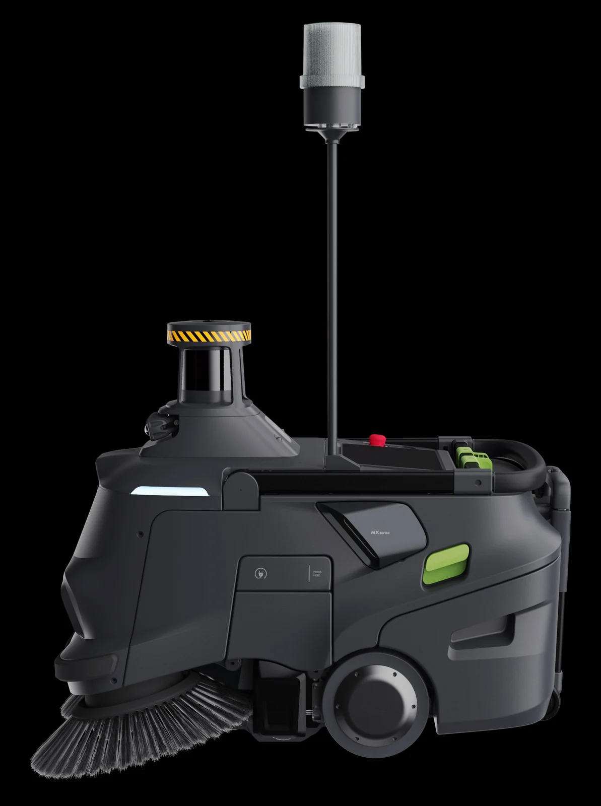 PUDU MT1 Max sweeper with 3D LiDAR and elevated warning light