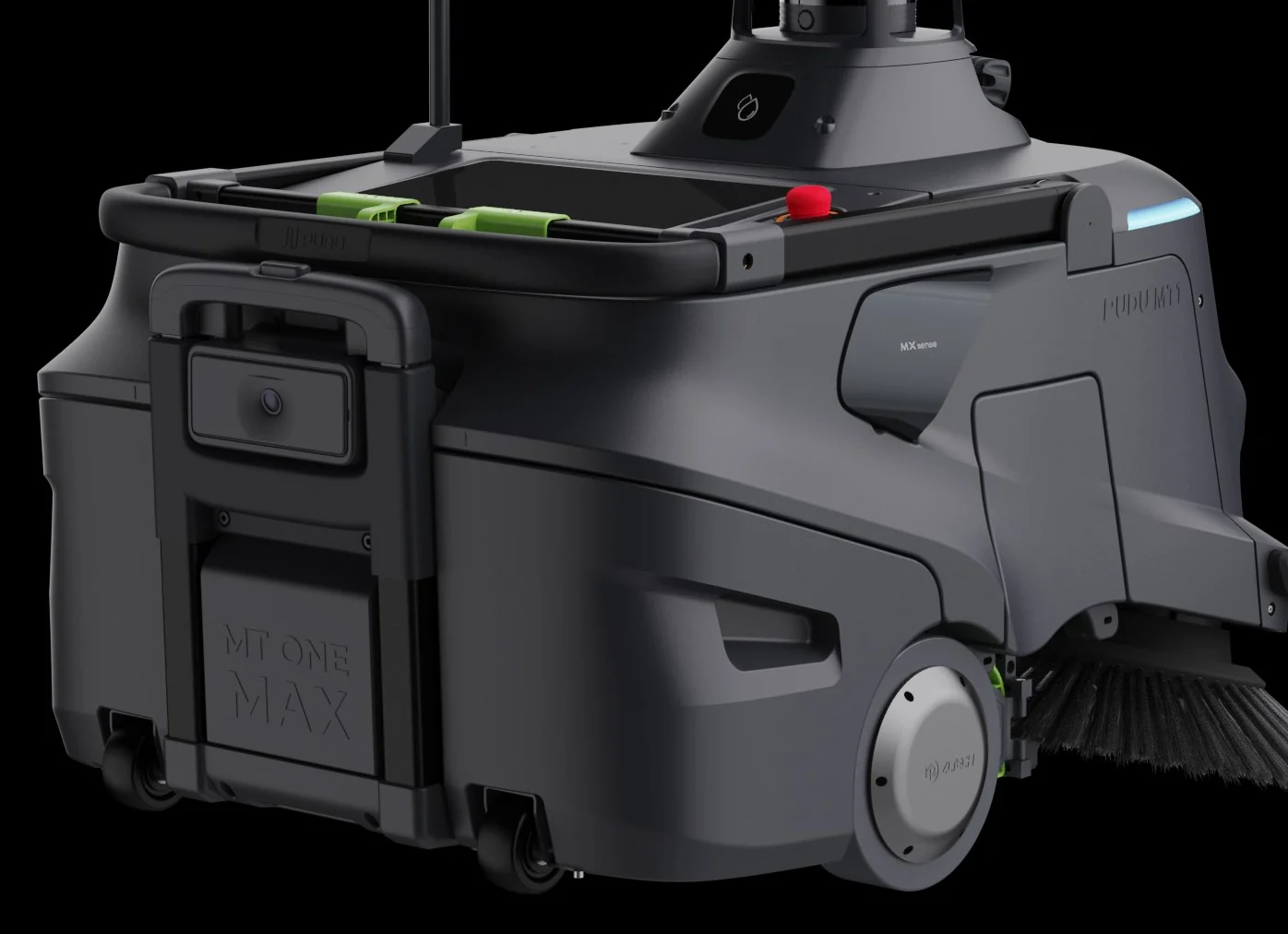 PUDU MT1 Max sweeper rear three quarter view with waste container