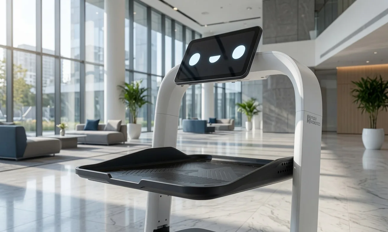 PUDU PuduBot 2 delivery robot in a corporate lobby
