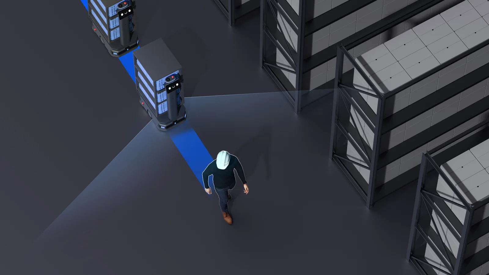 PUDU T300 robots following a worker in a warehouse